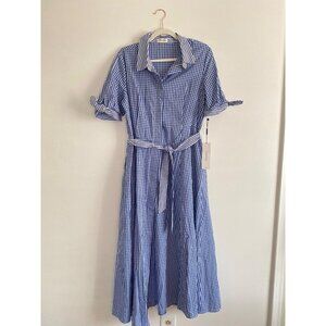 Calvin Klein Blue & White 100% Cotton Gingham Midi Dress Bow Sleeves Size 10